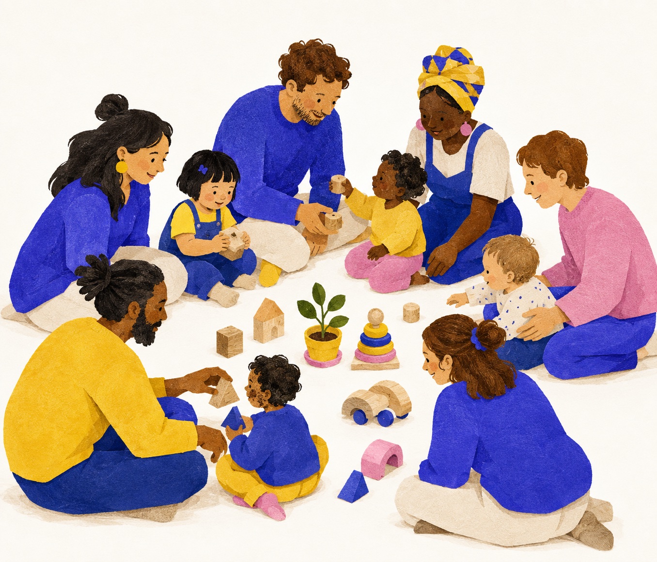 Parents, enfants et équipe de la crèche réunis pour jouer ensemble.